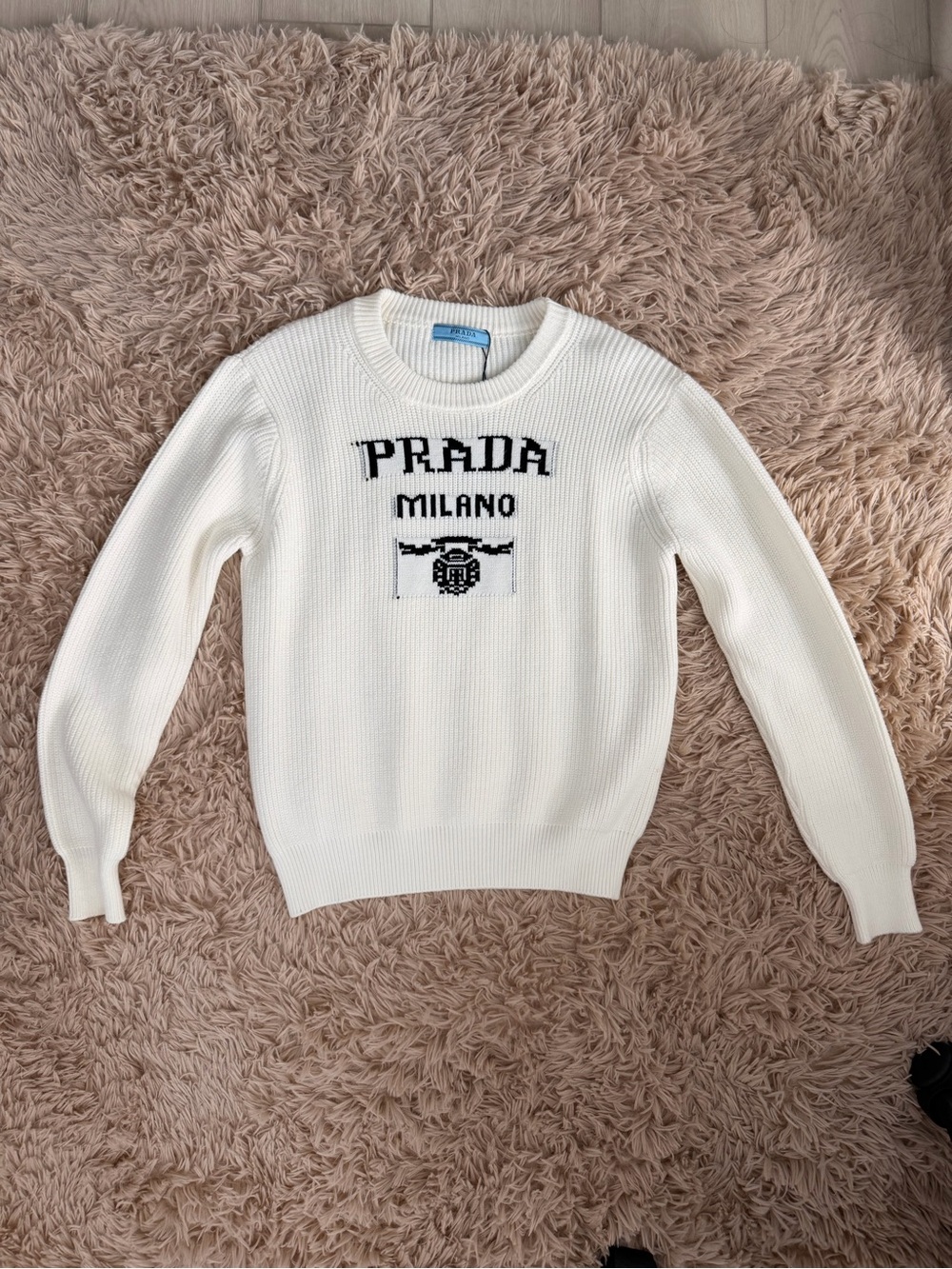 Prada White Knit Logo Crewneck Sweater